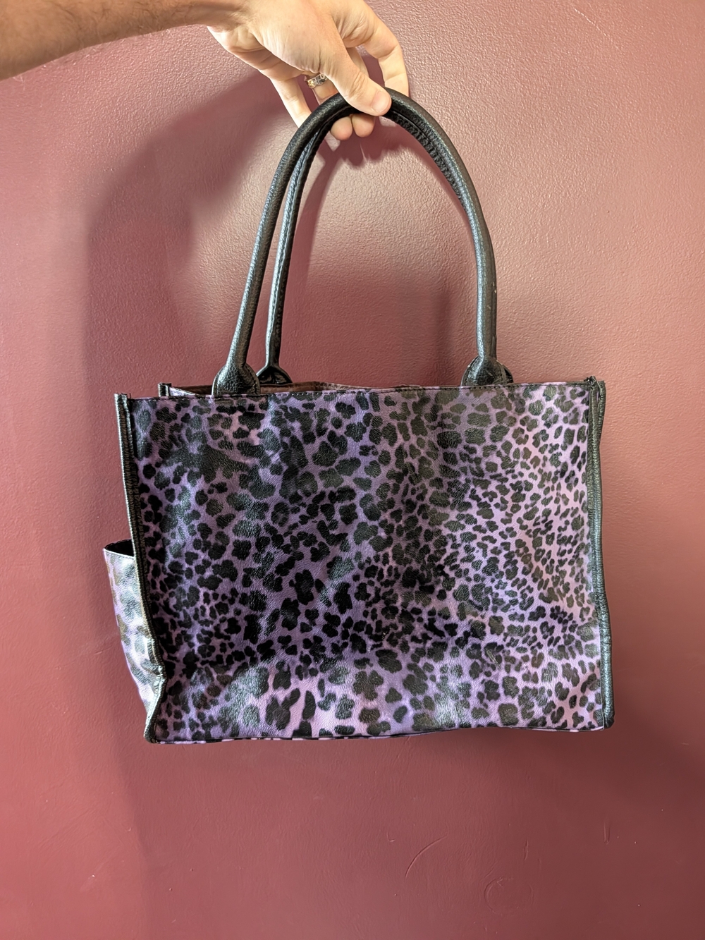 Neiman Marcus Vintage Purple Leopard Coated Leather Tote Handbag with Black Trim